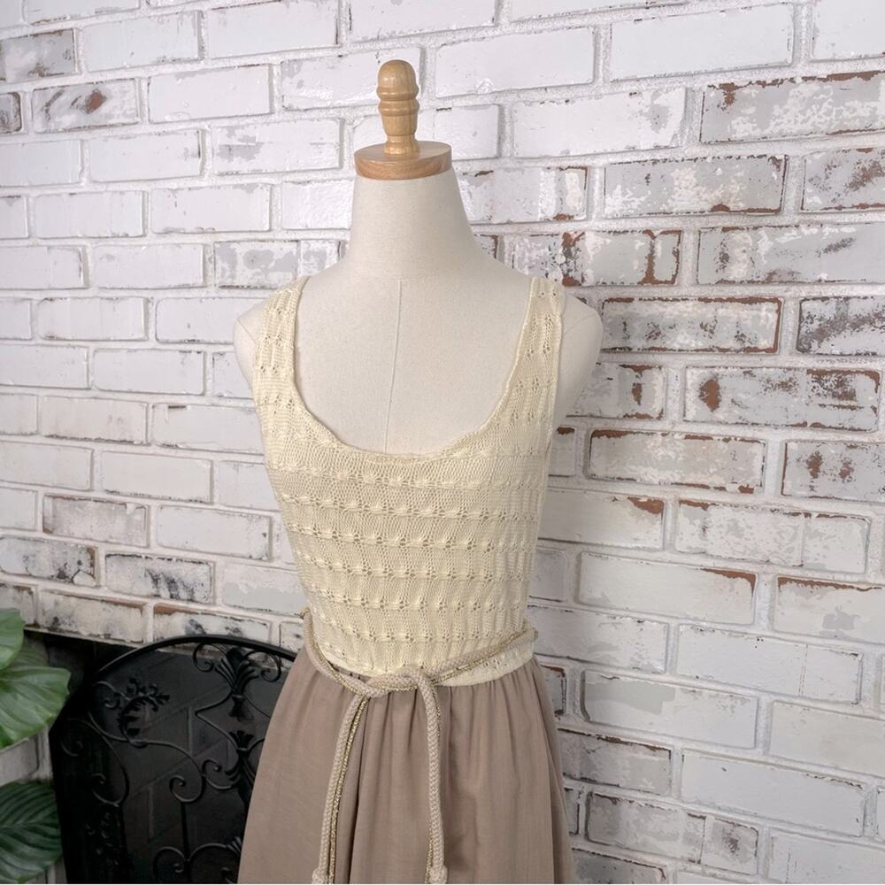 Vintage 70s Crochet Top Cream & Tan Metallic Rope Belt Pull On Midi Dress 6 - Picture 2 of 12